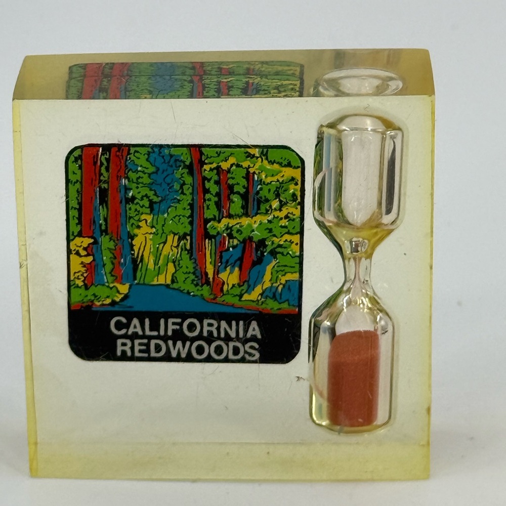 “California Redwoods” Vintage Travel Souvenir Clear Lucite Egg Timer 2.5” X 2.5” - Picture 2 of 4